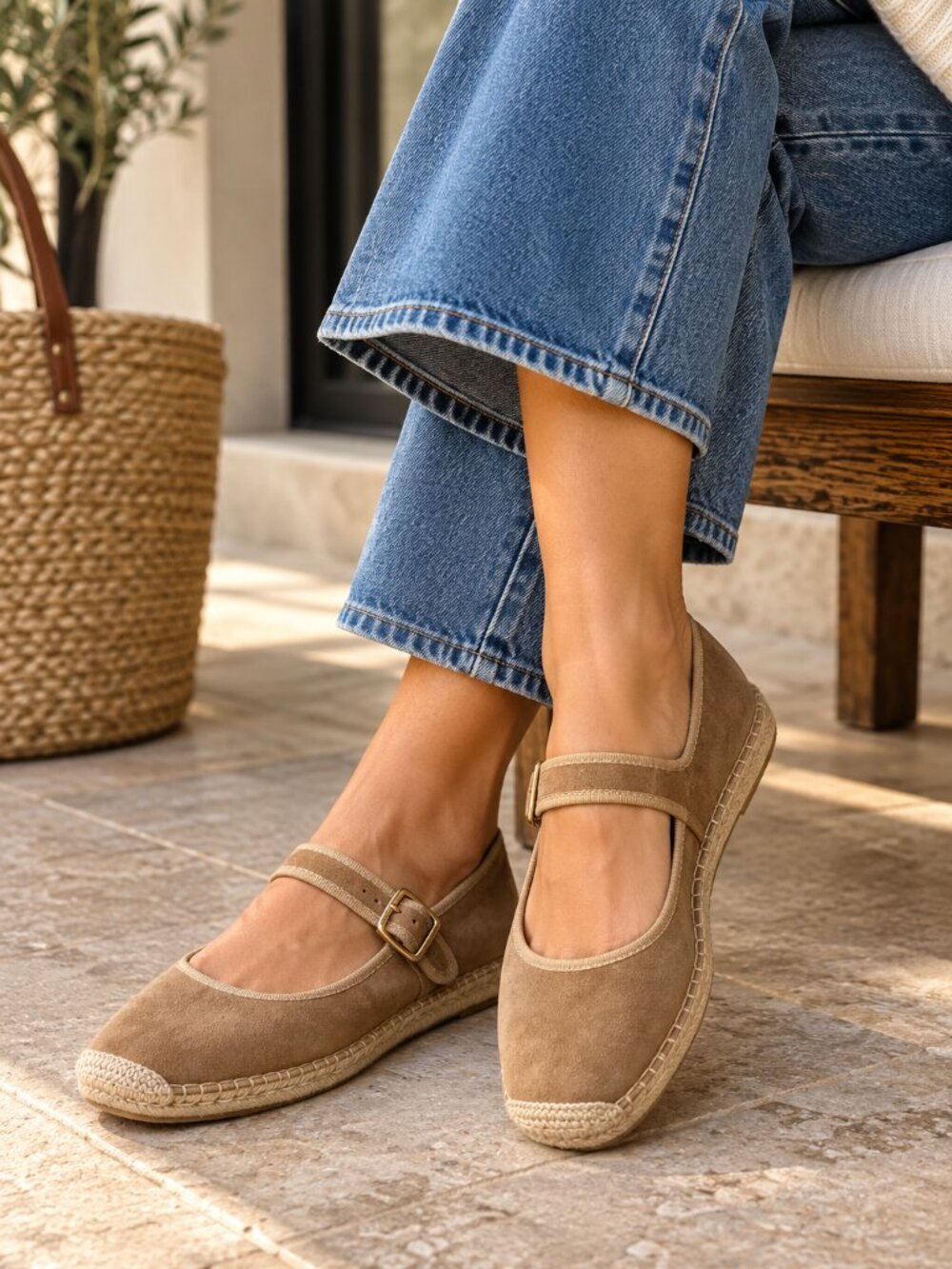 Sam Edelman Mackie Mary Jane Flats 8.5 Tan Suede Espadrille Boho Coastal Preppy